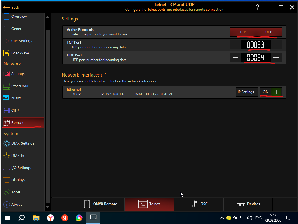 Onyx Telnet Settings